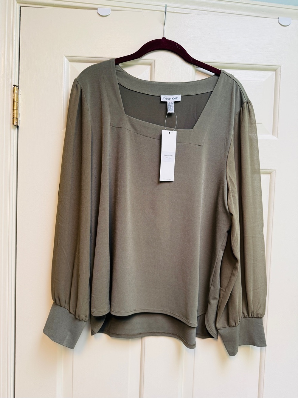 Calvin Klein Olive Green Square Neck Long-Sleeve Blouse Polyester Spandex